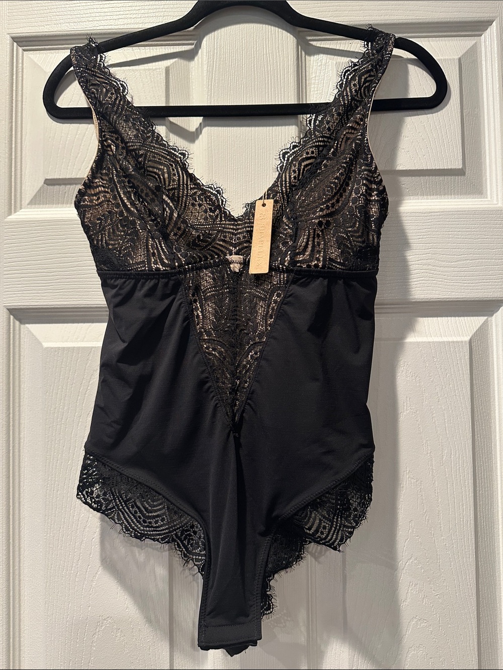 SHAPELLX Black Lace V-Neck Shapewear Bodysuit